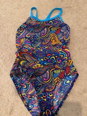 Zone3 Multicolor Paisley One-Piece competition Swimsuit - Blue Trim Sz XS